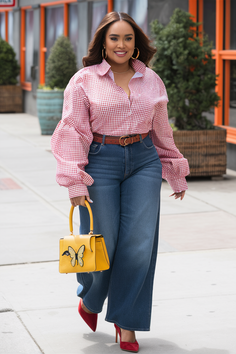 Woman in a red gingham shirt and wide leg jeans walking outdoors
