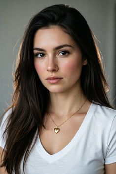 Woman with long dark hair wearing a white t-shirt and heart necklace