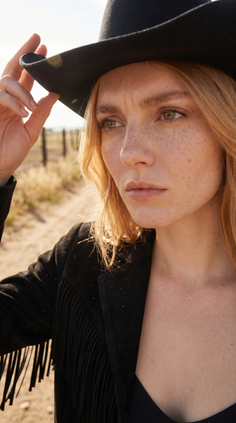 Woman with blonde hair and freckles wearing a cowboy hat and fringe jacket outdoors
