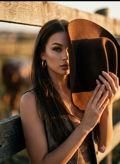Woman holding a cowboy hat over her face during golden hour outdoors