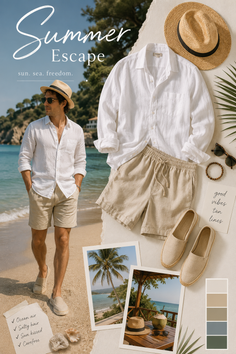 Collage of summer fashion items and beach scenes with a man walking on the sand