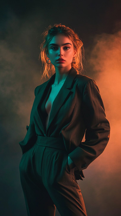 Woman in a suit with dramatic teal and orange lighting and exposed skin