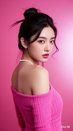 Woman with a hair bun and pearl necklace wearing an off-shoulder pink sweater