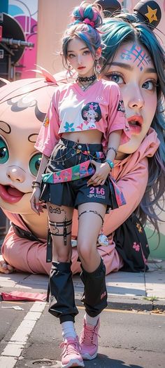 Anime style girl with pink and blue hair in a crop top and mini skirt on a street