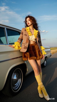 Woman in a plaid jacket and furry skirt leaning on a vintage car at golden hour