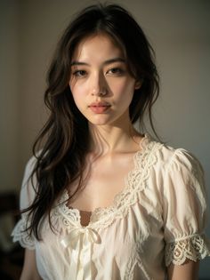 Woman with long dark hair wearing a lace top in soft, warm lighting