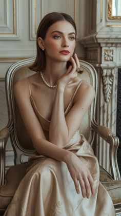 Woman in a gold dress and pearl necklace sitting in an ornate chair