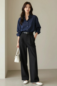 Woman in a navy blue shirt and black pants holding a white handbag indoors
