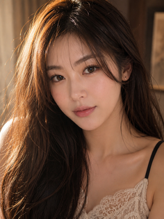 Woman with long brown hair wearing a lace top, captured with soft lighting