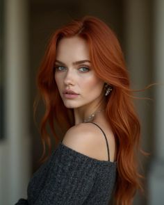 Woman with long red hair and blue eyes wearing an off-shoulder top