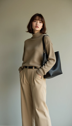 Woman in a beige turtleneck sweater and wide-leg pants with a black handbag