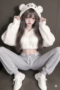Anime style girl in a bear hoodie, crop top, and sweatpants sitting on the floor