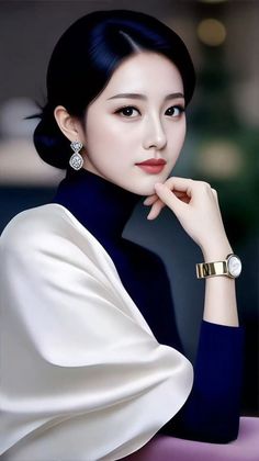 Woman with black hair in an updo wearing a turtleneck and white fabric