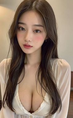 Woman with long dark hair wearing a white top with visible cleavage