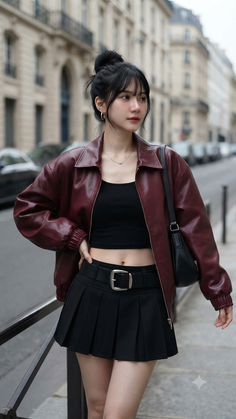 Woman in a leather jacket and pleated skirt on a city street
