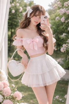 Woman in a pink top and white skirt holding a phone and a heart-shaped bag