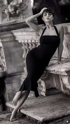 Woman in a black dress posing barefoot on a stone ledge