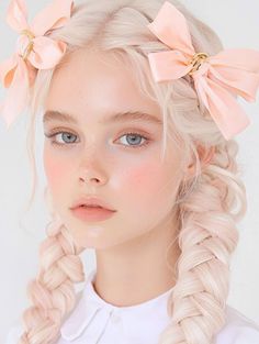 Young woman with blonde braids and pink bows, wearing a white shirt