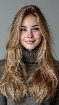 Woman with long blonde hair and freckles wearing a gray turtleneck sweater