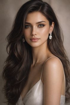 Woman with long dark hair and diamond earrings in a soft-lit portrait