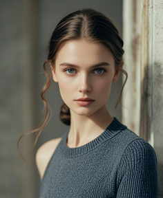 Woman with blue eyes and brown hair in an updo wearing a sleeveless top