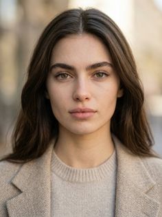 Woman with long brown hair and green eyes wearing a beige sweater and jacket