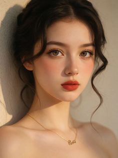 Woman with dark wavy hair and a gold necklace, with soft lighting