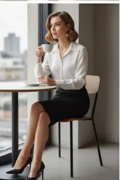 Woman in a white shirt and black skirt sitting by a window with a coffee cup