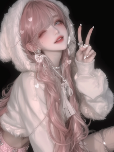 Anime style character with pink hair, winking and making a peace sign