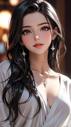 Illustration of a woman with long black hair wearing a white top and jewelry