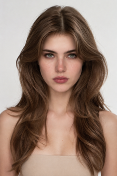 Woman with long brown hair and green eyes in a studio portrait