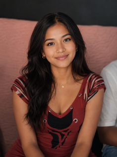 Woman with long dark hair wearing a red top with a gold necklace
