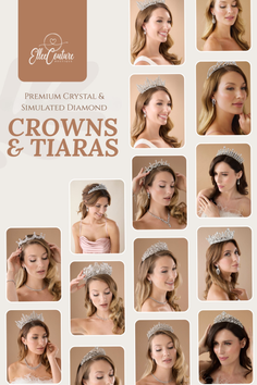 Collage of women modeling various crystal crowns and tiaras