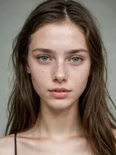Young woman with long brown hair and freckles looking directly at the camera