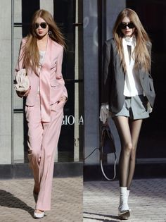 Two women in stylish outfits and sunglasses walking on a street