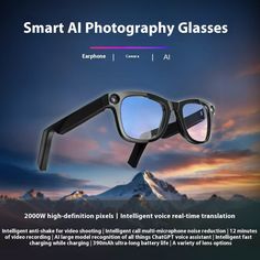 Smart AI photography glasses with a mountain and sunset background