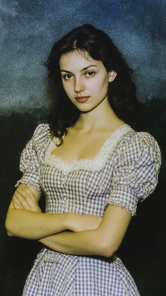 Woman in a gingham dress with lace trim and crossed arms against a dark background