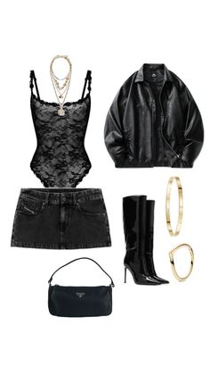 Collection of black clothing and gold accessories on a white background