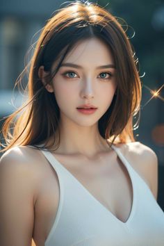 Woman with long brown hair and blue eyes wearing a white top