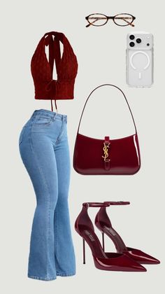 Fashion flat lay with a red halter top, flared jeans, and accessories