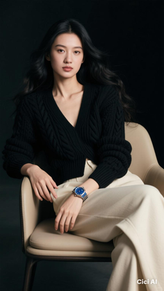 Woman with long black hair wearing a black sweater and beige pants, sitting on a chair