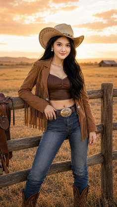Woman in cowboy attire posing by a wooden fence at golden hour