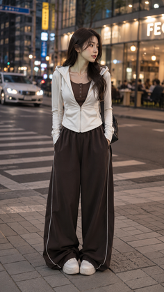 Woman in a white hoodie and brown wide-leg pants on a city street
