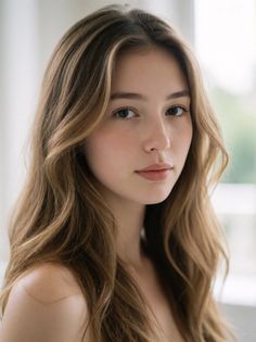 Young woman with long wavy brown hair and bare shoulders in soft lighting