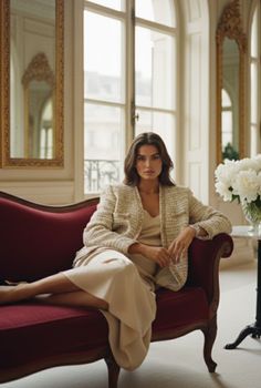 Woman in a tweed jacket and dress sitting on a red sofa indoors