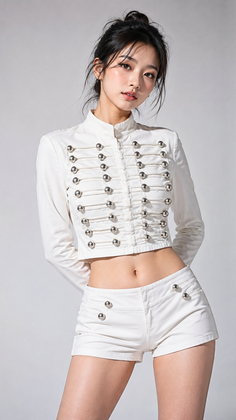 Woman in a white military-style jacket and shorts with exposed midriff