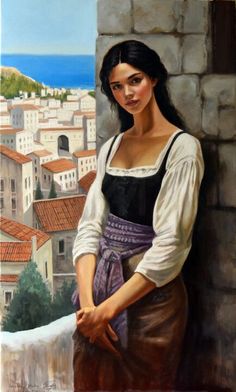 Woman with long black hair in traditional clothing overlooking a cityscape and sea