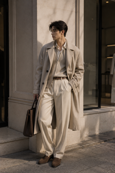 Man in a cream long coat and pants holding a brown bag outdoors