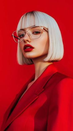 Woman with blonde bob, red lipstick, and glasses wearing a red blazer