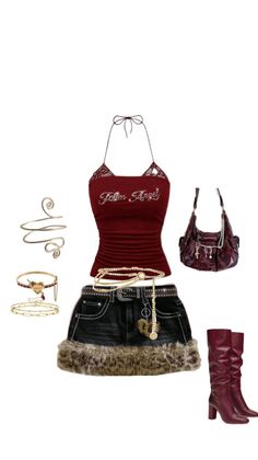 A Y2K-inspired outfit featuring a halter top, denim skirt with fur trim, and boots